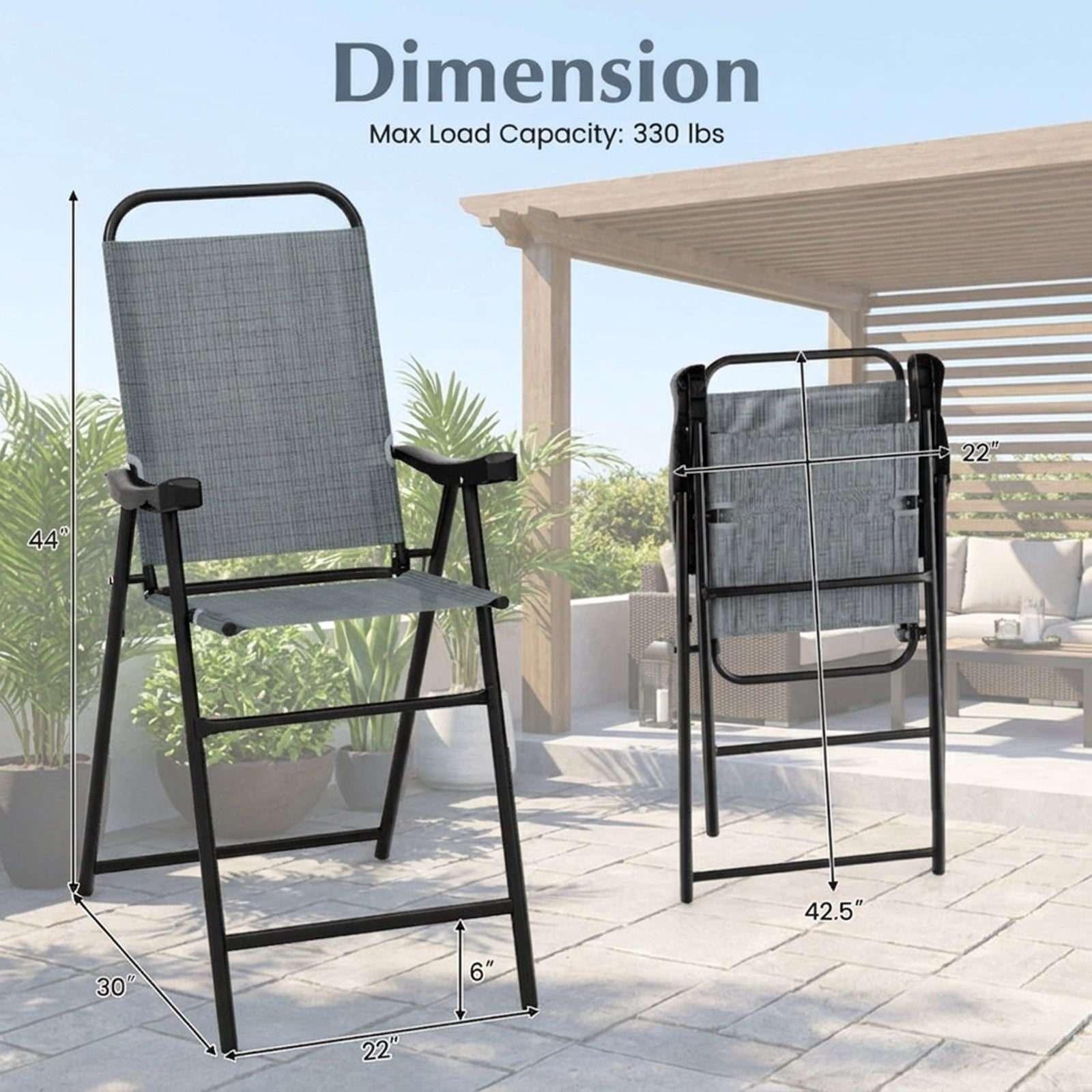 Biotree Set of 2 Patio Folding Bar Stools with Metal Frame and Footrest, Blue - Outdoor Patio Bar Height Chair with Footrest