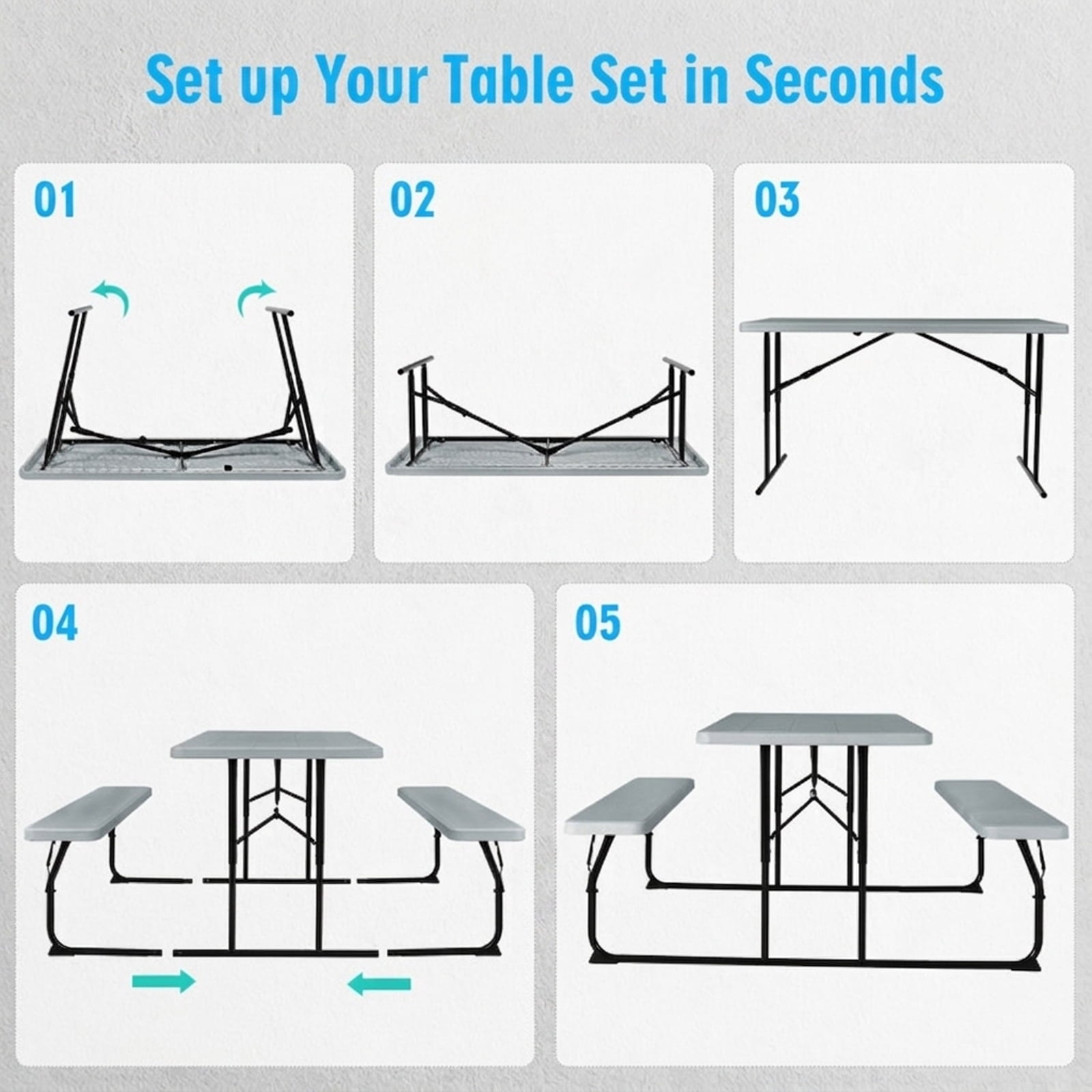 Biotree Indoor and Outdoor Folding Picnic Table Bench Set with Wood-like Texture, Gray