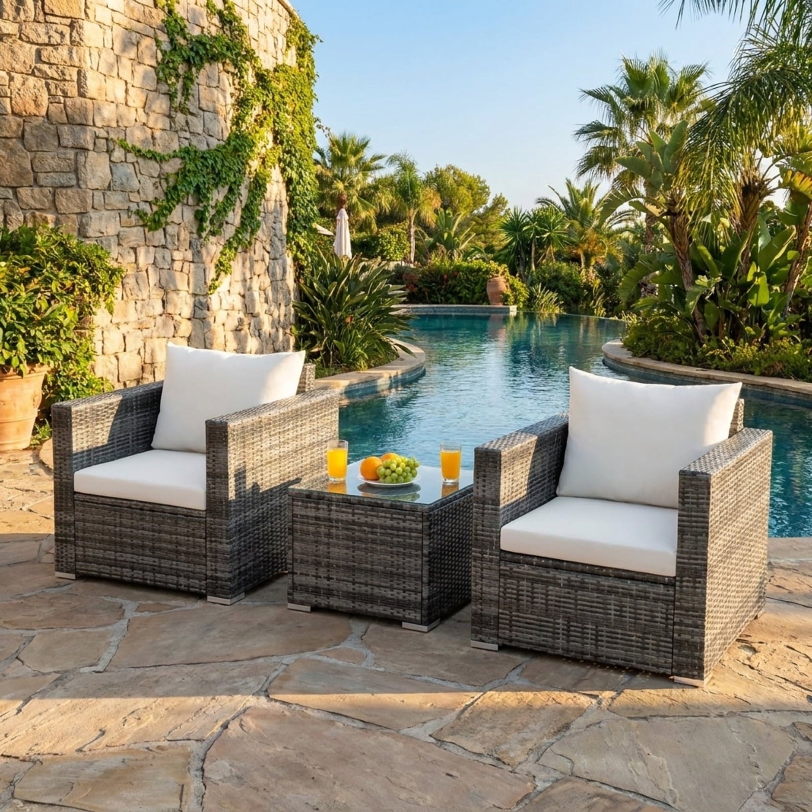 Biotree 3 Pcs Patio Rattan Furniture Bistro Sofa Set with Cushioned Outdoor Conversation Set for Garden Backyard PorchWhite