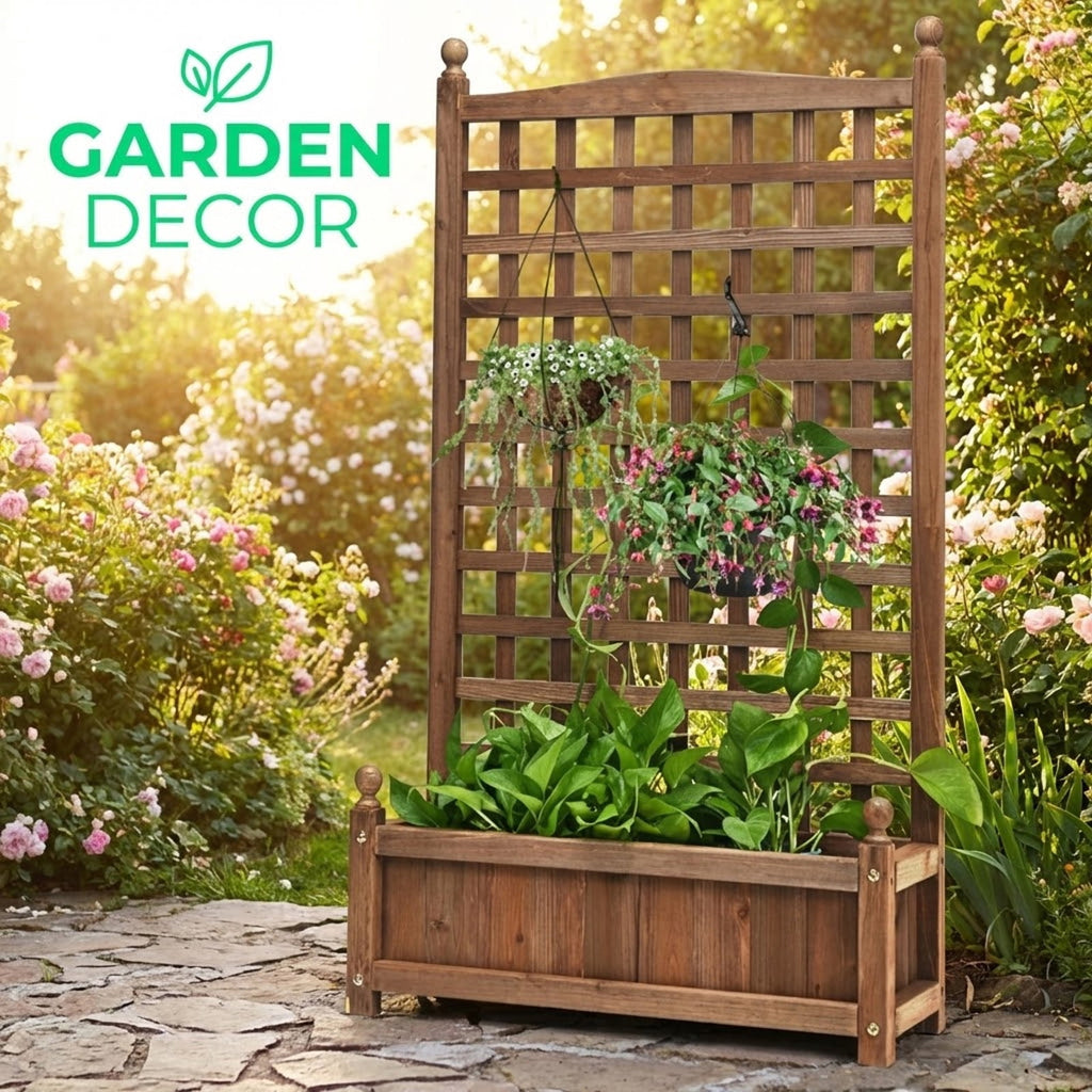 Biotree Solid Free Standing Wood Planter Box with Trellis for Garden Dark brown - Outdoor Backyard Patio Garden Planting