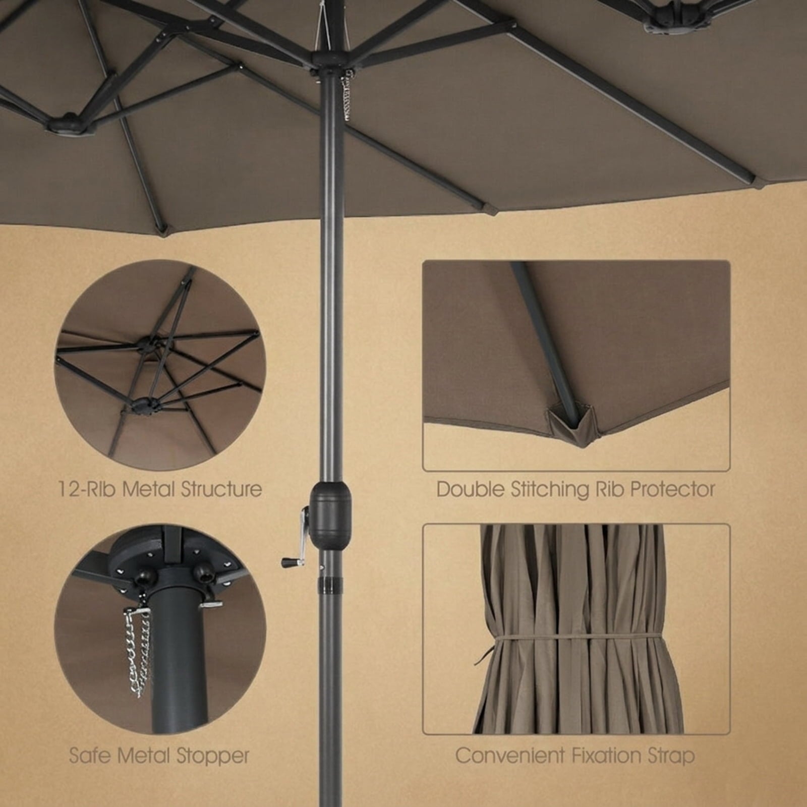 Biotree 15 ft Double-Sided Twin Patio Umbrella Crank Tilt Outdoor Shade - Brown - UV Protection with Cross Base