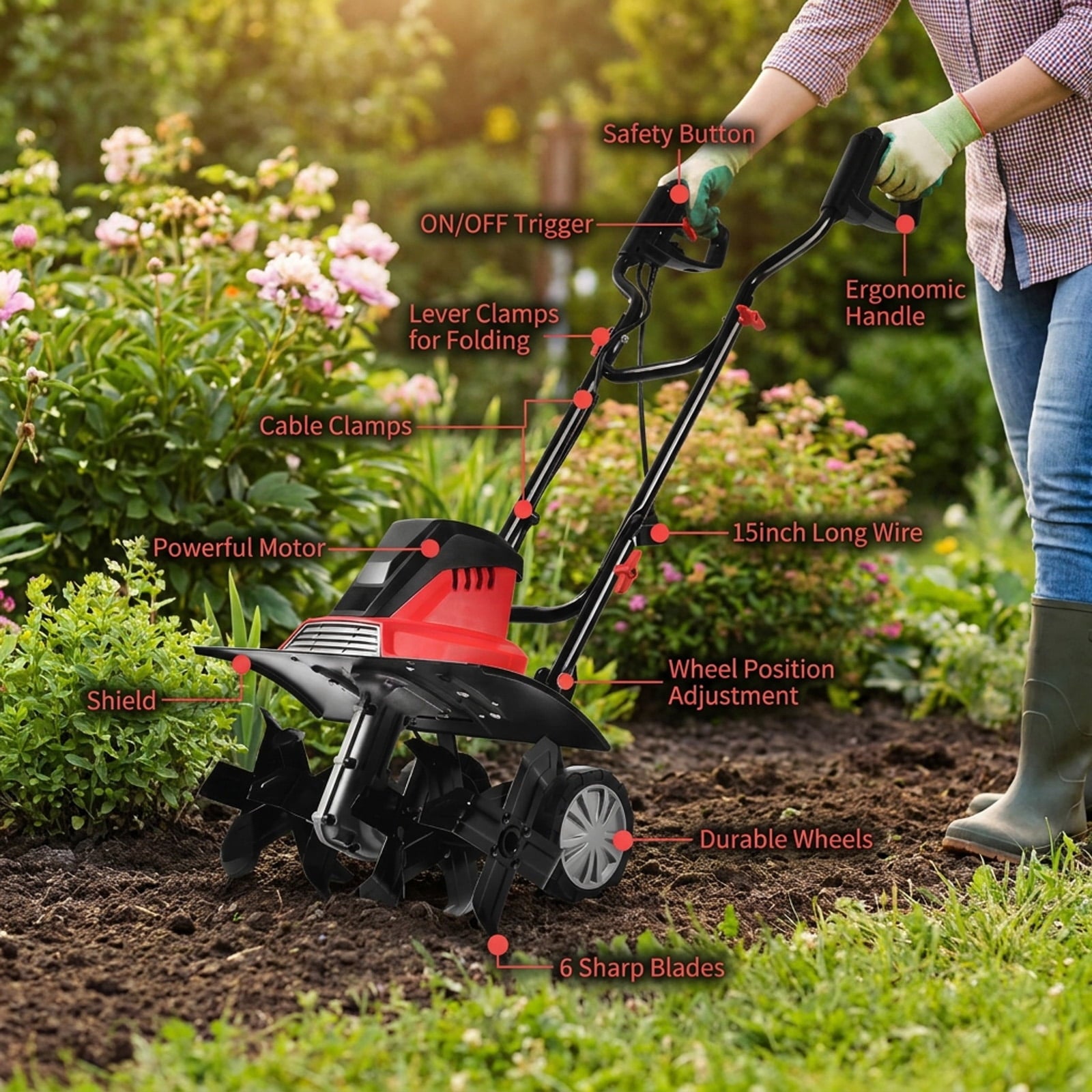 Biotree 17-Inch 13.5 Amp Corded Electric Tiller and Cultivator 9 for Lawn Garden Yard Soil Care, Red