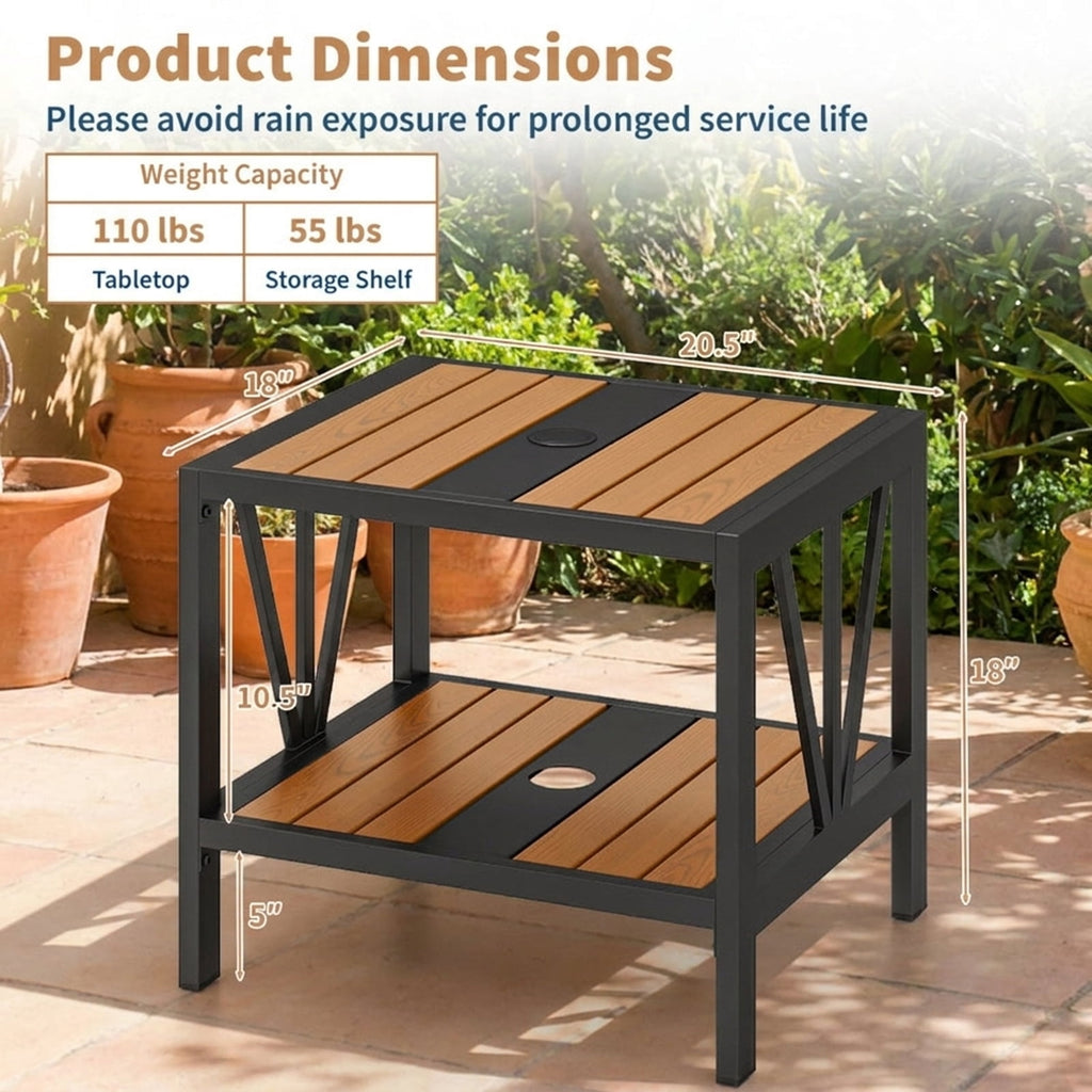 Biotree Outdoor Side Table with Umbrella Hole and Storage Shelf for Porch, Black
