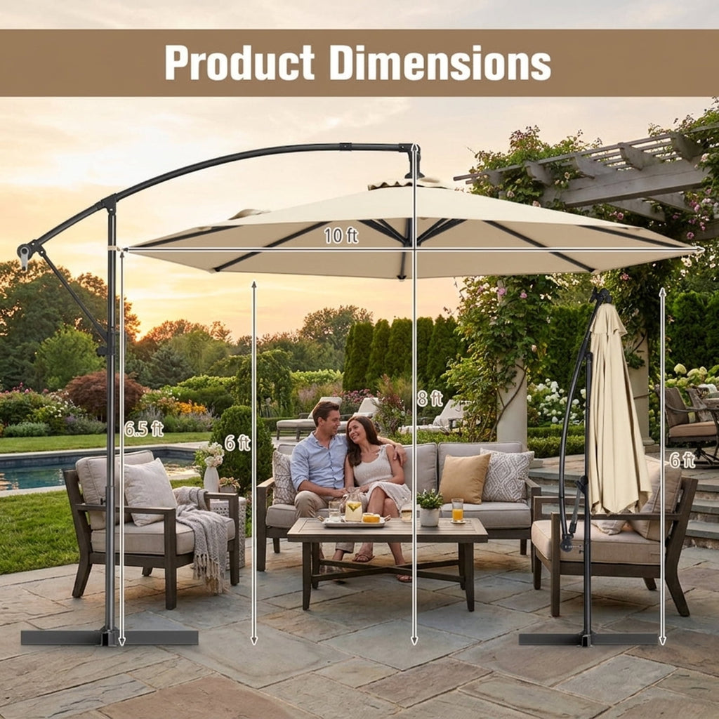 Biotree 10 ft Cantilever Patio Umbrella Offset Hanging with Cross Base, 8 Ribs - Beige for Backyard Garden Poolside