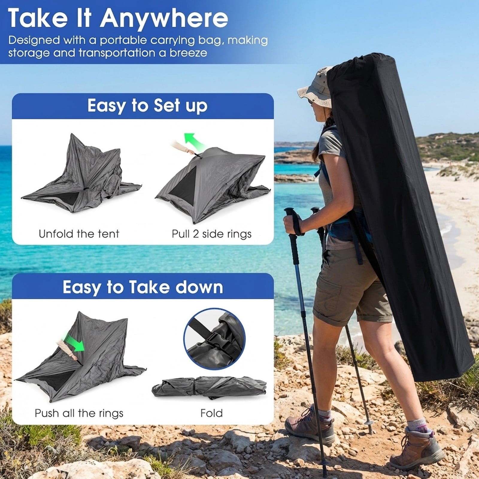 Biotree Instant Pop Up 2-3 Person Camping Tent with Rainfly and Carry Bag for Hiking Backpacking, Gray