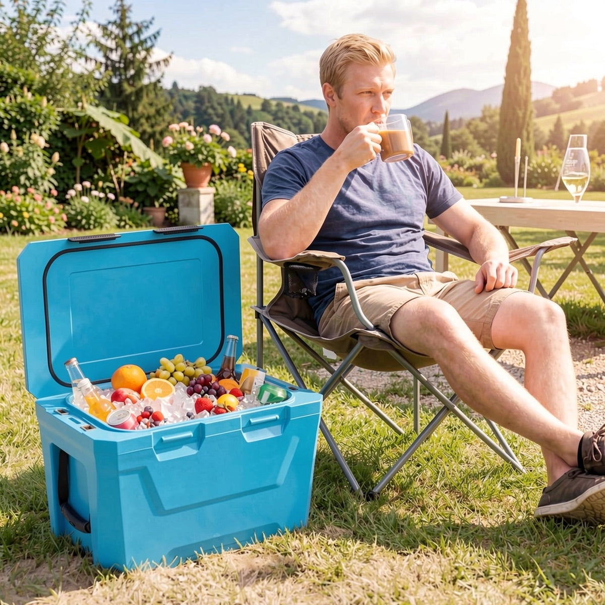 Biotree Insulated Portable Cooler Hard Shell Ice Chest with 2 Cup Holders Bottle Opener and Drain Plug, 37 Qt, Blue