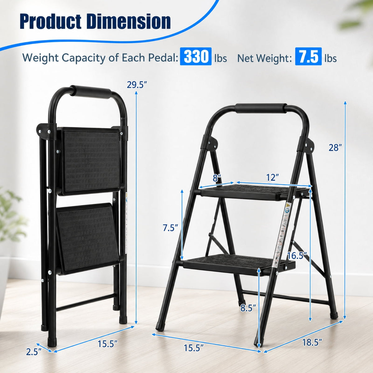 Biotree 2-Step Folding Step Ladder with 330 lb Capacity, Wide Anti-Slip Pedals and Padded Handrail for Kitchen, Home and Garage, Black