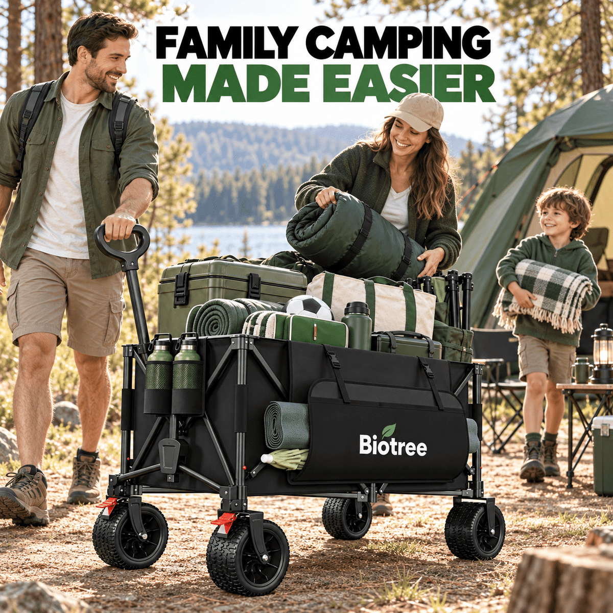 Biotree Collapsible Wagon Cart with Brakes, 600 lbs Heavy-Duty Folding Beach Wagon, 300L Large Capacity Garden Cart with All-Terrain Utility Cart for Camping Sports Shopping, Black