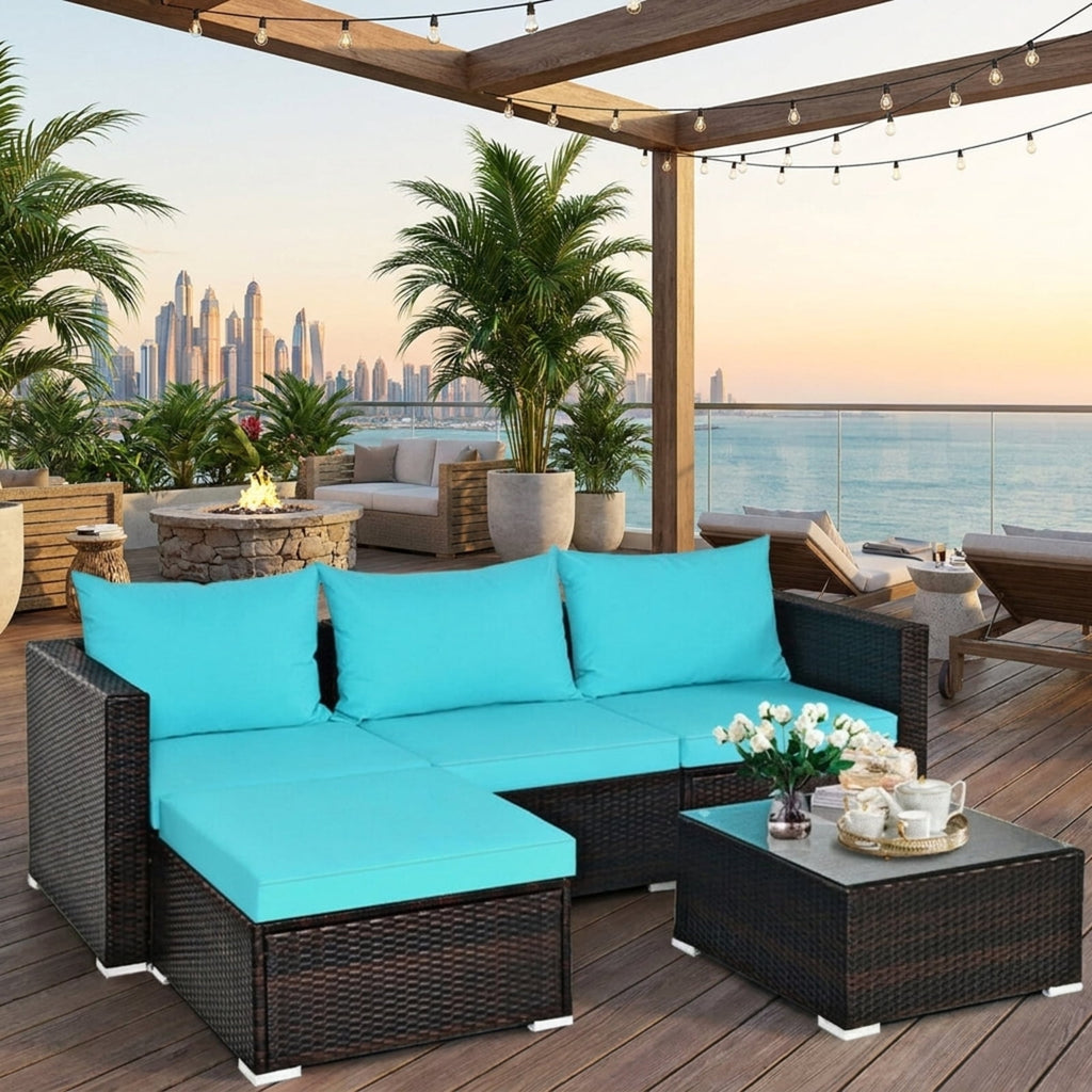Biotree 5 Pieces Patio Rattan Furniture Set with Coffee Table Outdoor Conversation Set for Garden Backyard PorchTurquoise
