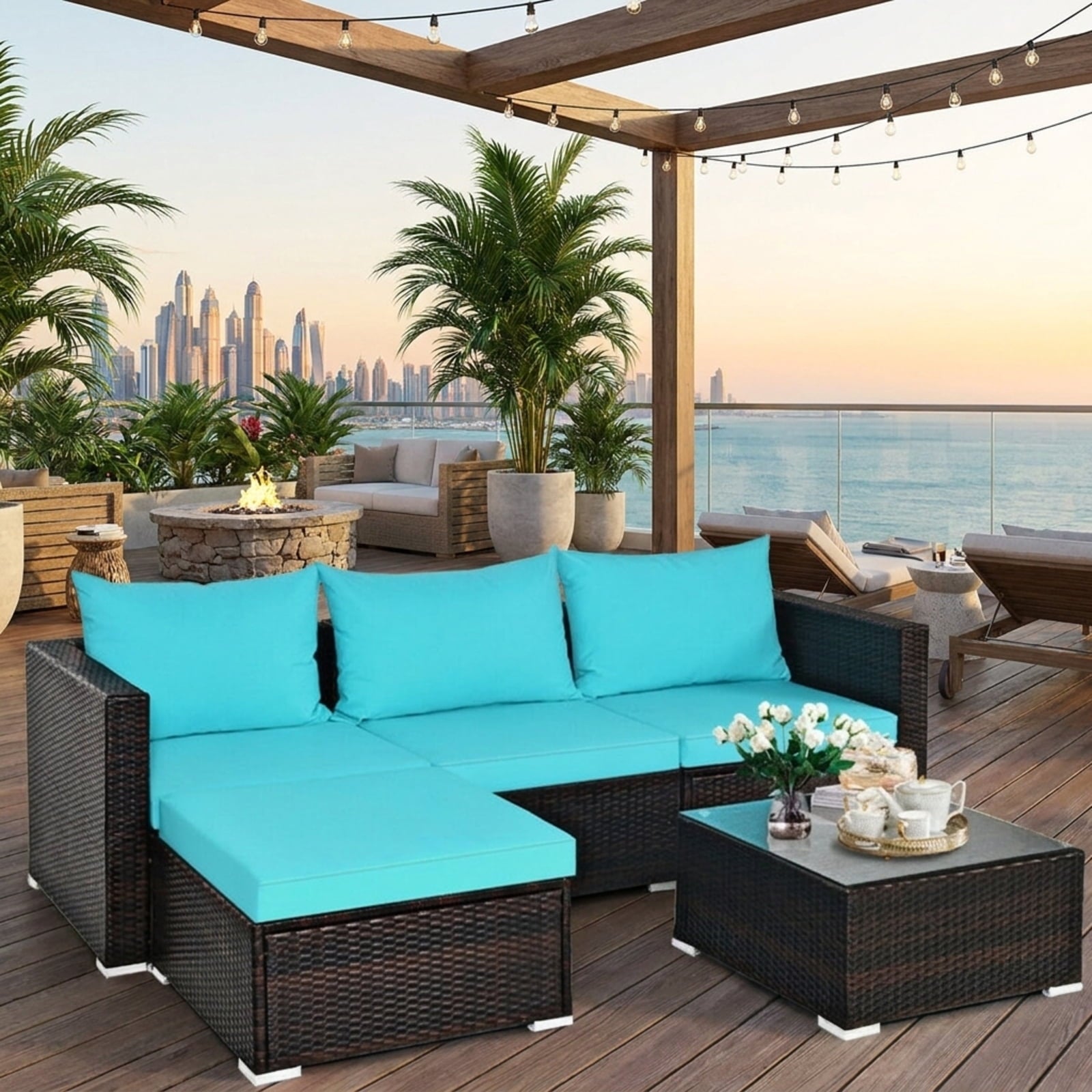 Biotree 5 Pieces Patio Rattan Furniture Set with Coffee Table Outdoor Conversation Set for Garden Backyard PorchTurquoise