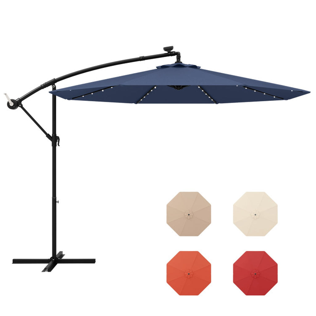 Biotree 10 ft Solar LED Cantilever Patio Umbrella Offset Hanging with Cross Base, 8 Ribs - Navy Blue