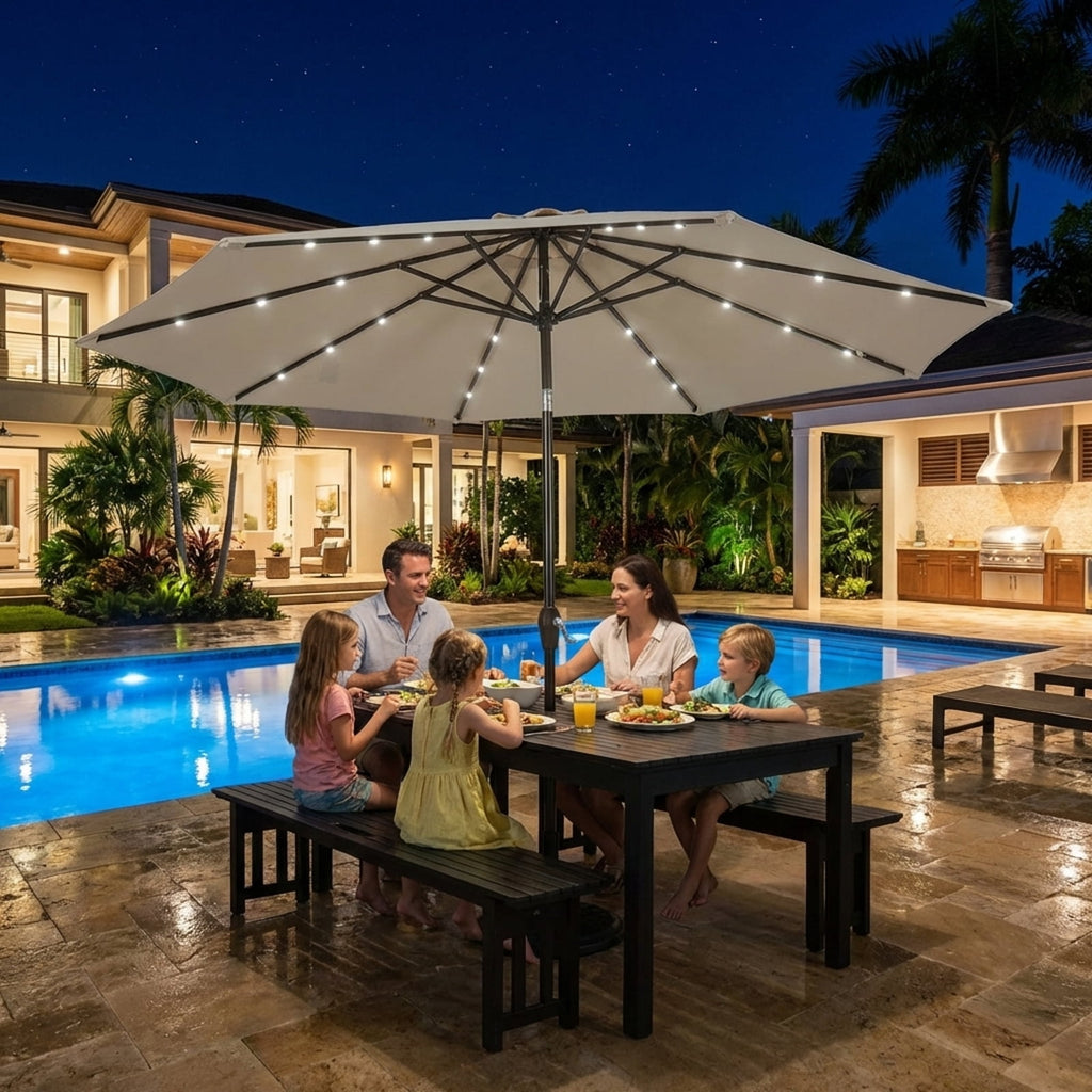 Biotree 10 Solar LED Lighted Patio Market Umbrella Shade Tilt Adjustment Crank-Tan Outdoor Backyard