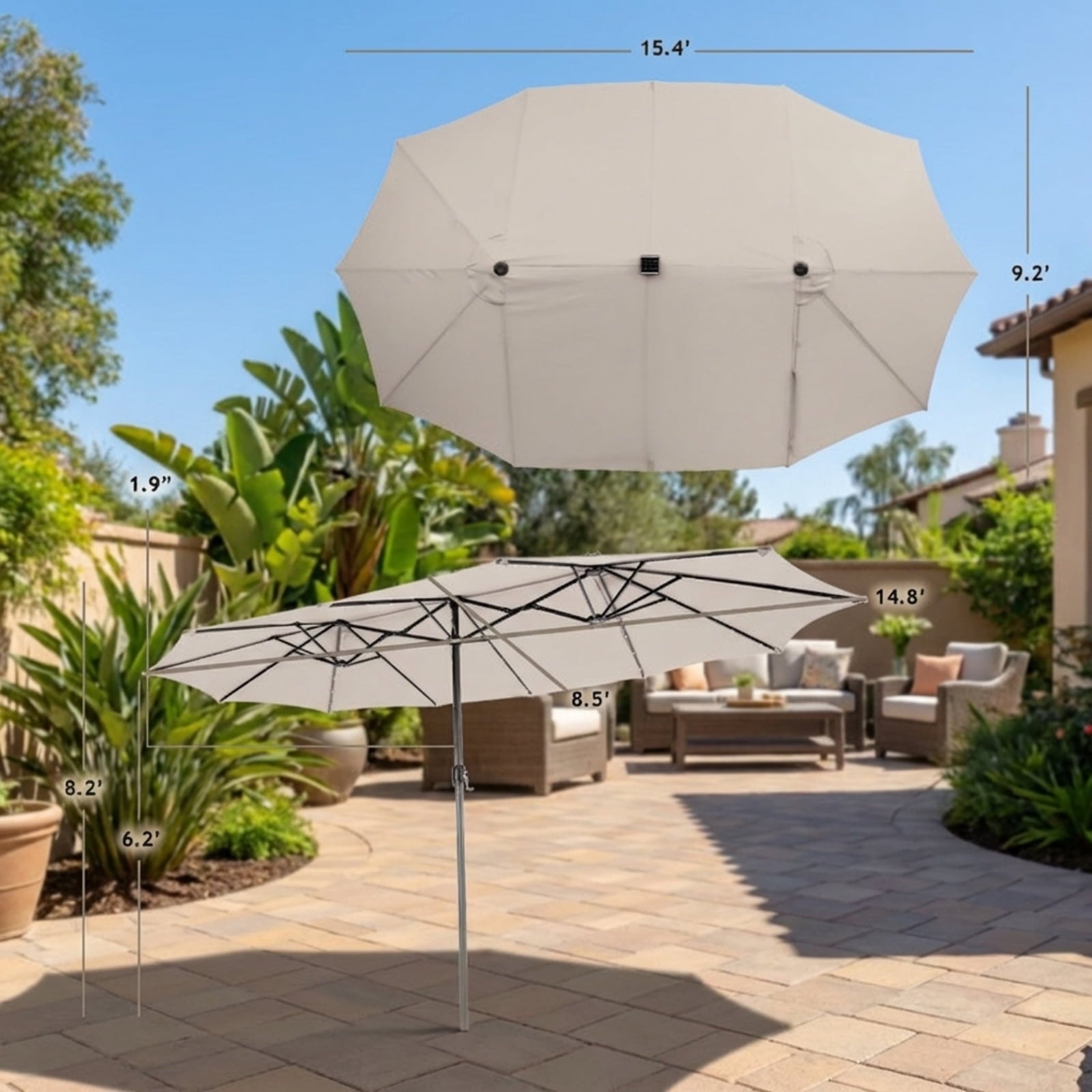 Biotree 15 Feet Twin Patio Umbrella with 48 Solar LED Lights-Beige Beige/Light Brown/Orange/Dark Red/Gray/Turquoise