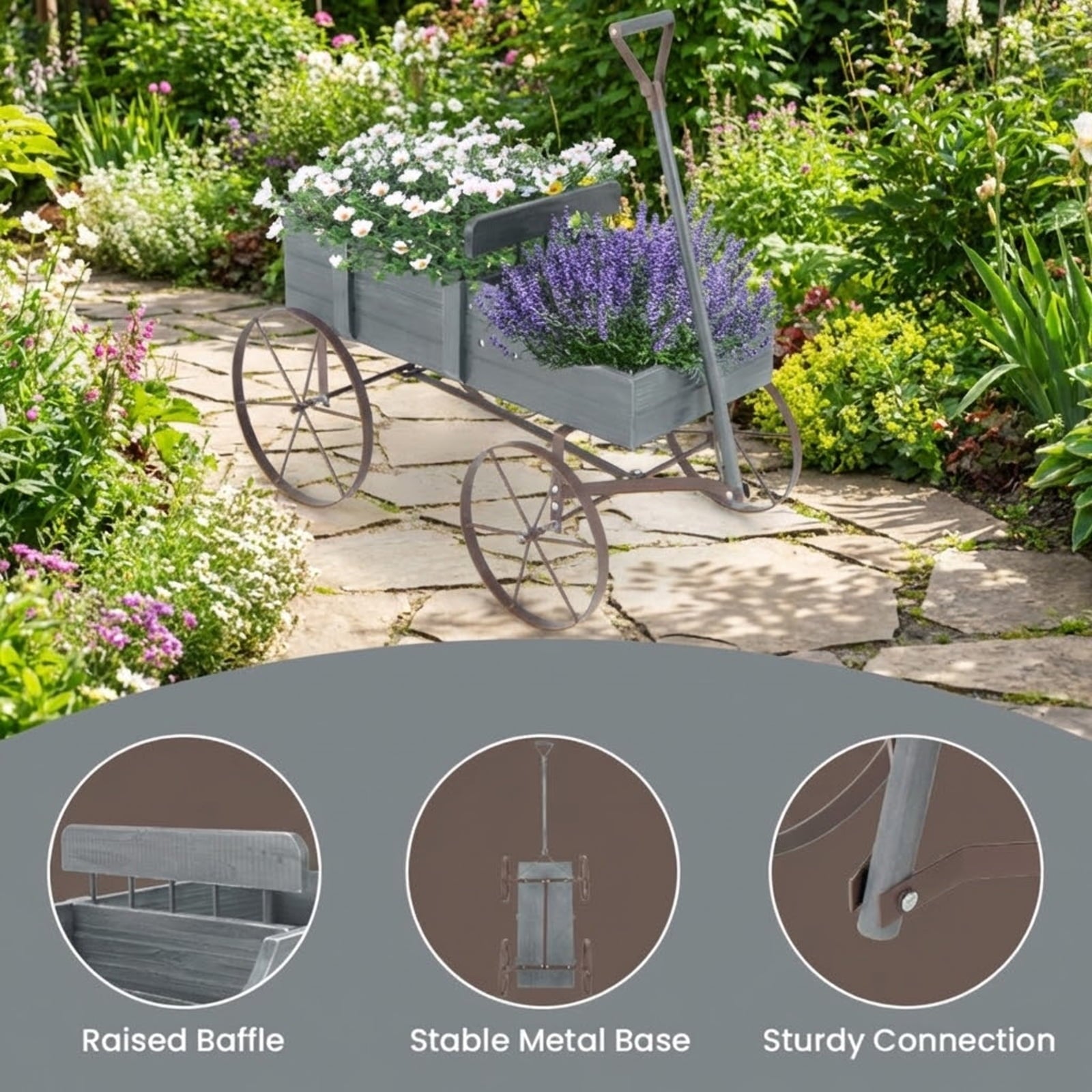 Biotree Wooden Wagon Plant Bed with Metal Wheels for Garden Yard Patio-Gray,Green