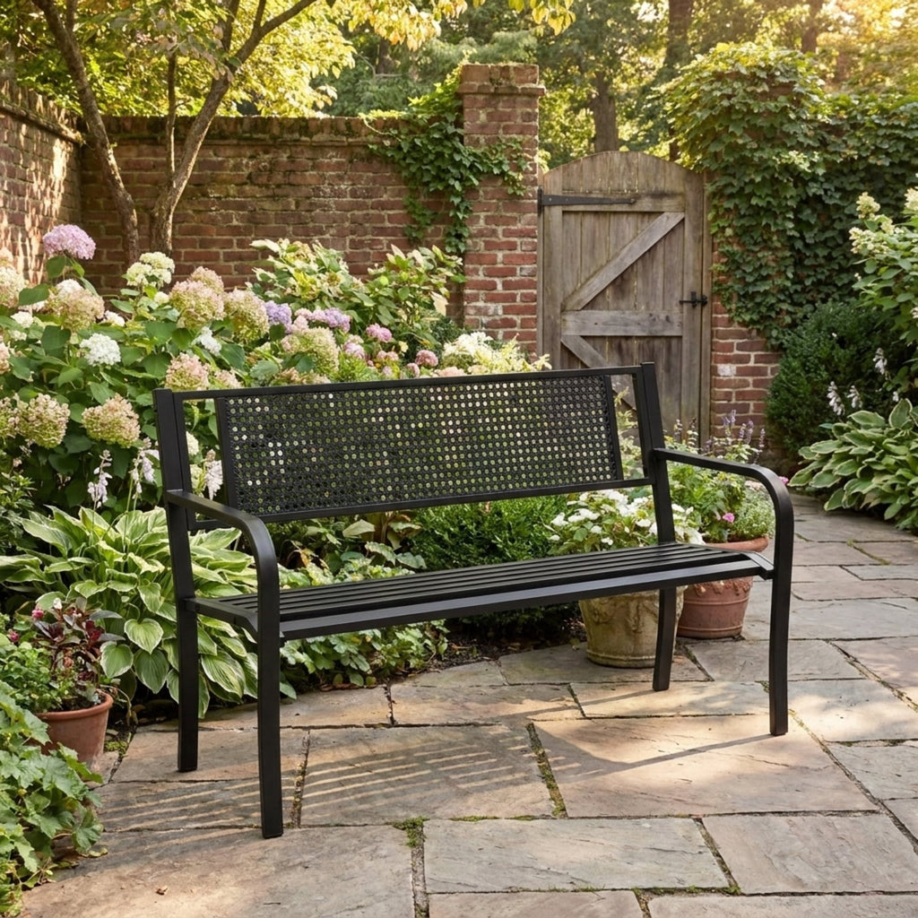 Biotree 50 Inches Garden Bench with Patterned Backrest and Curved Armrests Stackable Patio Chair for Garden BackyardBlack