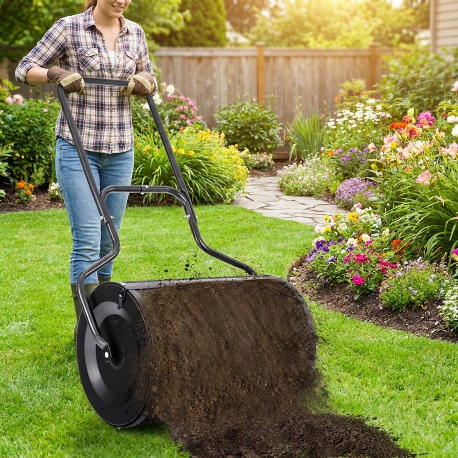 Biotree 24 Peat Moss Spreader with Upgrade Side Latches and U-shape Handle for Lawn Garden Yard Soil Care, Green