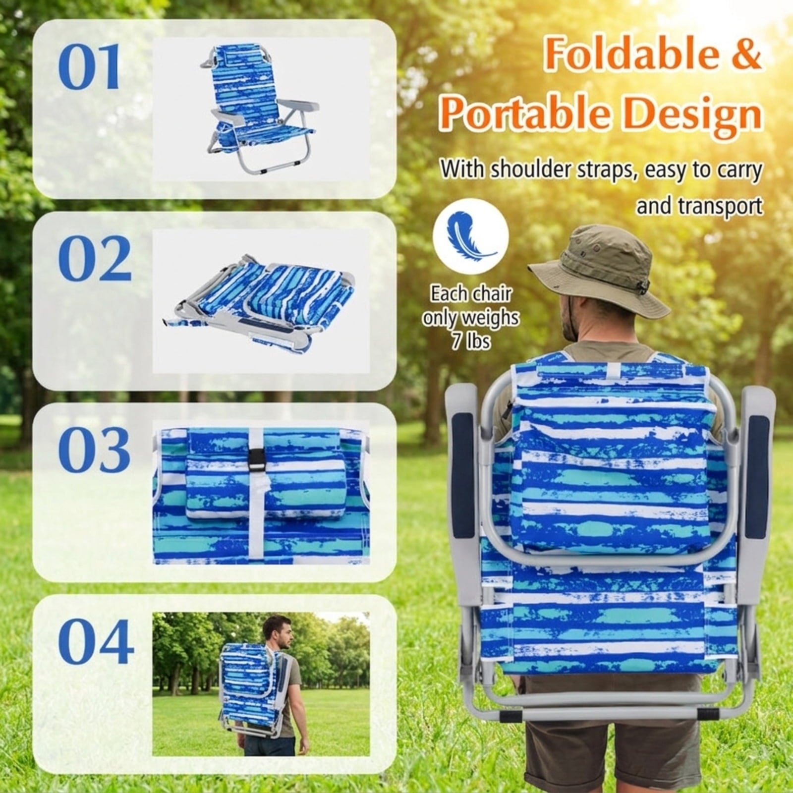 Biotree Foldable Backpack Beach Chair with Cup Holder and Storage Pockets Set of 2 Stackable Patio Chair for Garden BackyardNavy