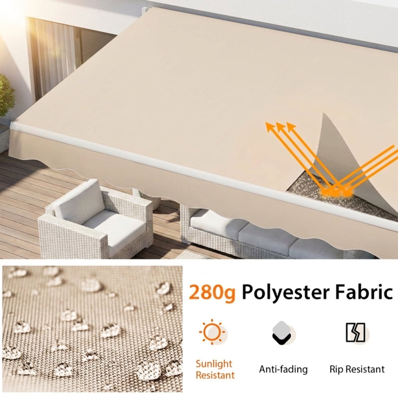 Biotree 12 x 10 Feet Patio Retractable Awning Aluminum Sunshade Shelter for Patio Deck Door Window Sun Rain Protection, Beige