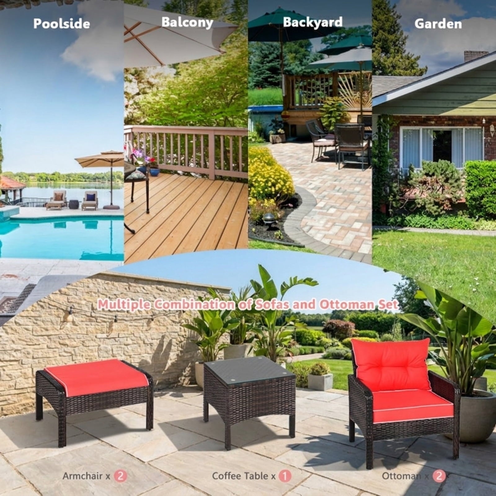 Biotree 5 Pieces Patio Rattan Sofa Ottoman Furniture Set with Cushions Outdoor Conversation Set for Garden Backyard PorchRed