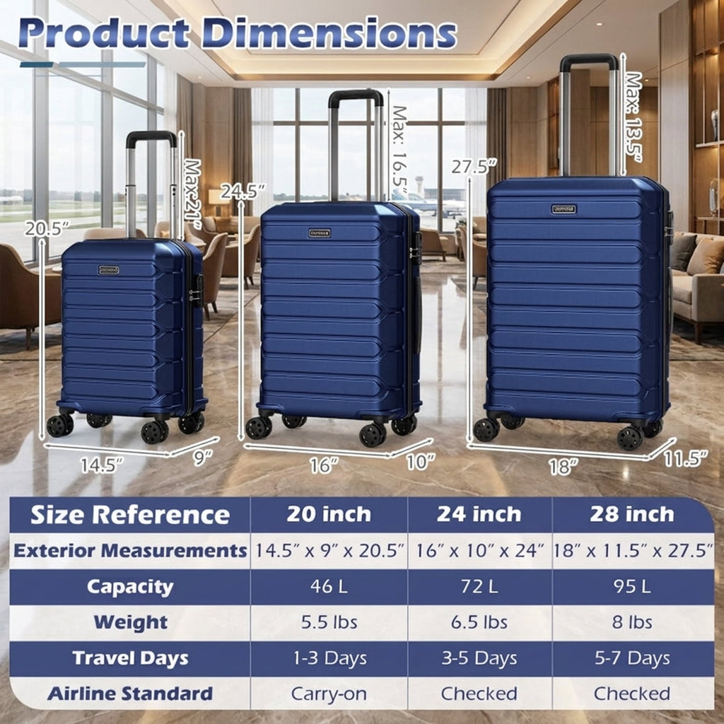 Biotree 3 Piece Hardside Luggage Set Lightweight Hardside Suitcases with 8 Spinner Wheels, Navy