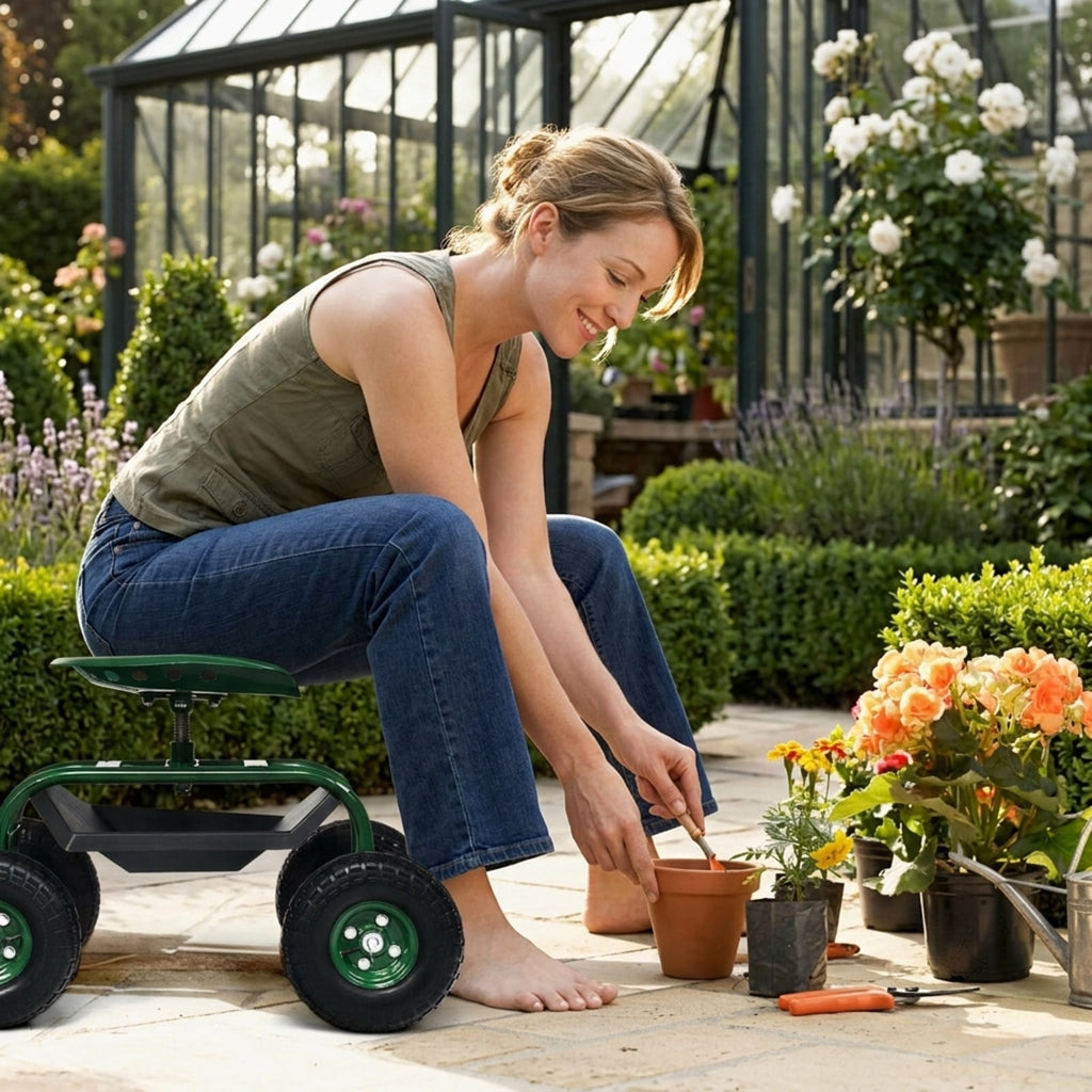Biotree Rolling Garden Cart with 360¡ã Swivel Seat, Height Adjustable Garden Scooter, Heavy Duty Yard Cart with Tool Tray and Storage Basket for Gardening Weeding Yard Work Green