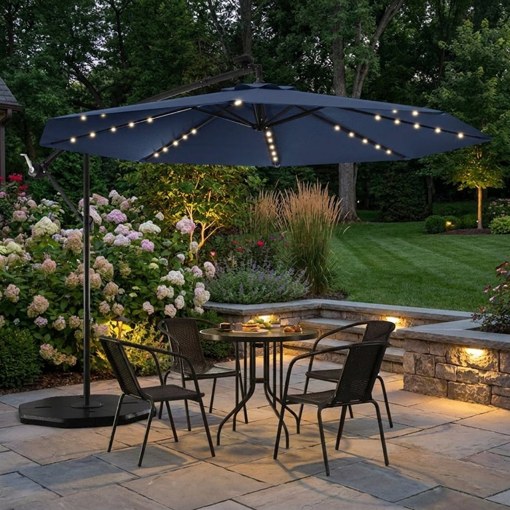 Biotree 10 ft Solar LED Cantilever Patio Umbrella Offset Hanging with Cross Base, 8 Ribs - Navy Blue