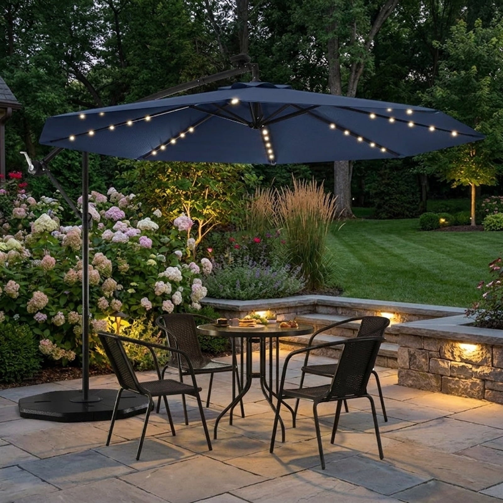 Biotree 10 ft Solar LED Cantilever Patio Umbrella Offset Hanging with Cross Base, 8 Ribs - Navy Blue