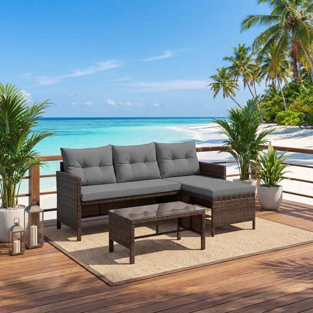 Biotree 3 Pieces Patio Wicker Rattan Sofa Set Outdoor Conversation Set for Garden Backyard PorchGray