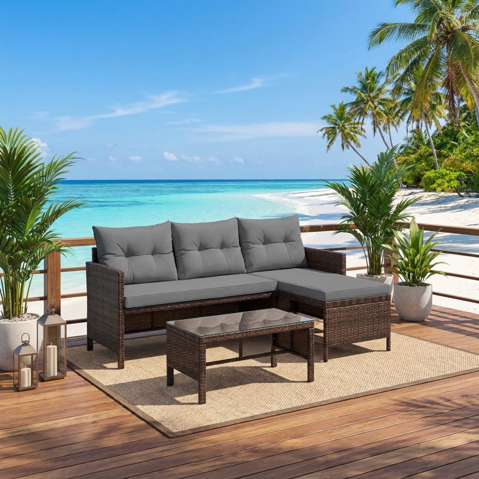 Biotree 3 Pieces Patio Wicker Rattan Sofa Set Outdoor Conversation Set for Garden Backyard PorchGray