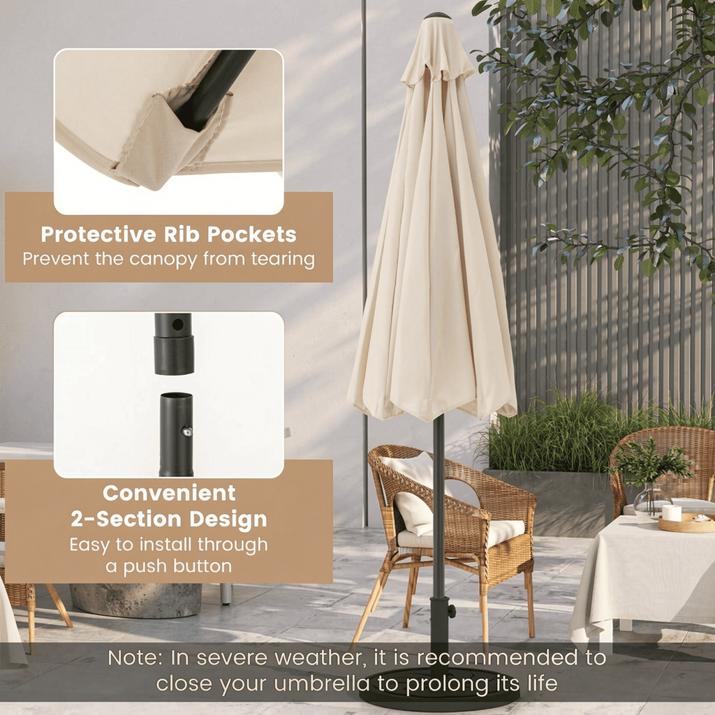 Biotree Outdoor Heavy Duty Market Umbrella with Crank Handle and 8 Sturdy Ribs-Beige - Outdoor Patio Garden Sun Shade