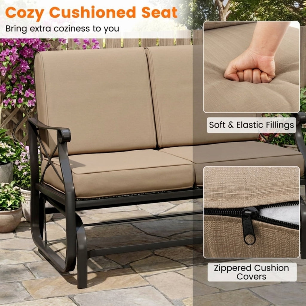 Biotree Outdoor 2-Person Glider Rocking Chair Loveseat with Thick Cushions and Metal Frame Stackable Patio Chair for Garden BackyardBrown