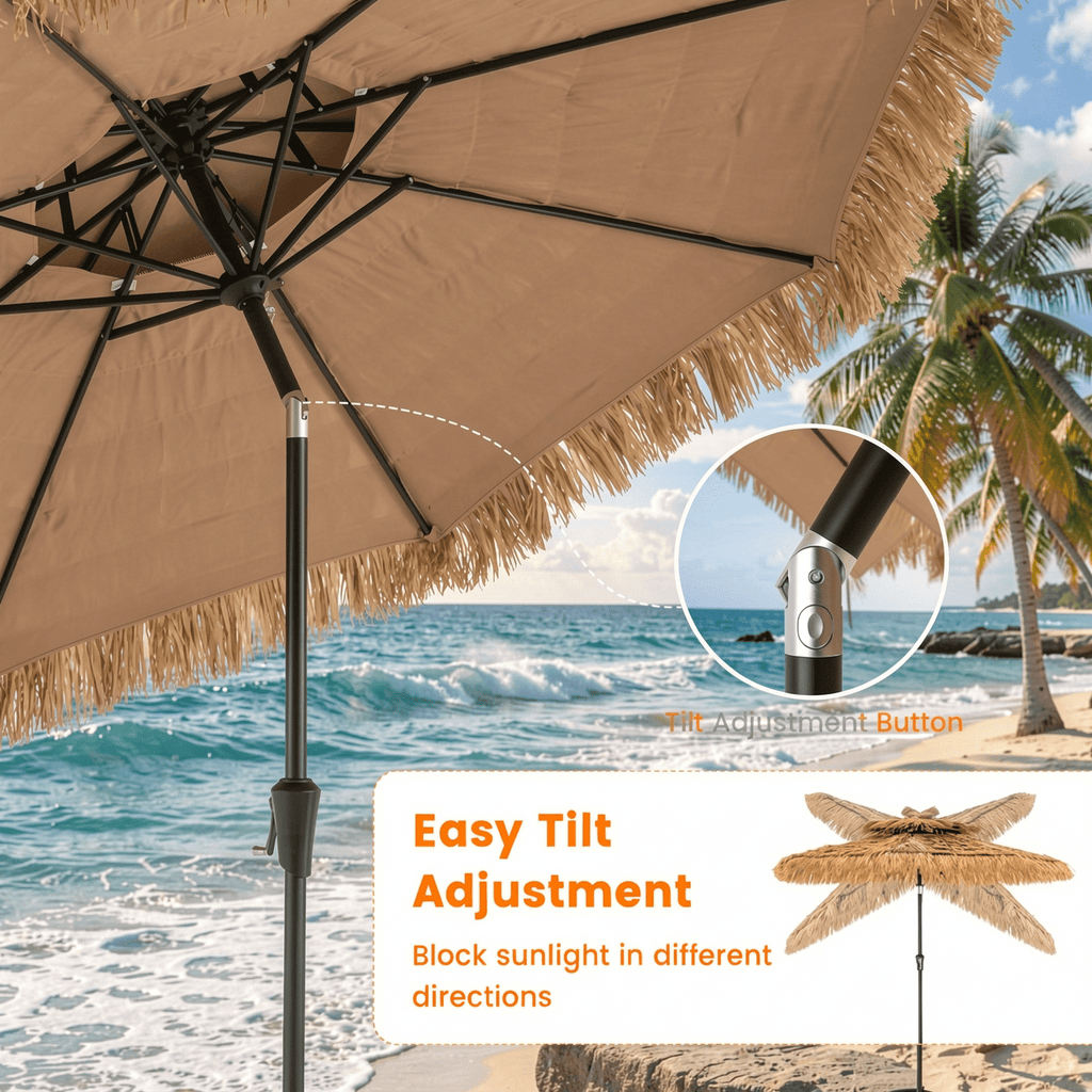 Biotree 9 Feet Thatched Tiki Umbrella with 8 Ribs Natural - Outdoor Patio Garden Sun Shade with UV Protection for Deck Lawn and Garden