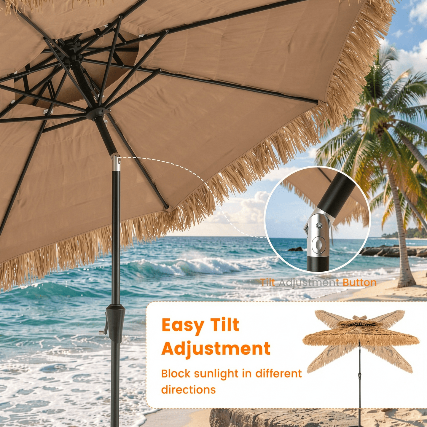 Biotree 9 Feet Thatched Tiki Umbrella with 8 Ribs Natural - Outdoor Patio Garden Sun Shade with UV Protection for Deck Lawn and Garden