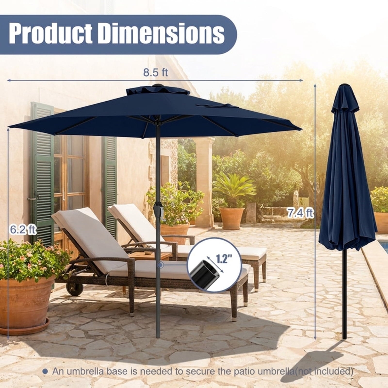 Biotree 8.5 ft Market Patio Umbrella with Crank and Tilt, 8 Sturdy Ribs, Vented Canopy - Navy Blue for Backyard