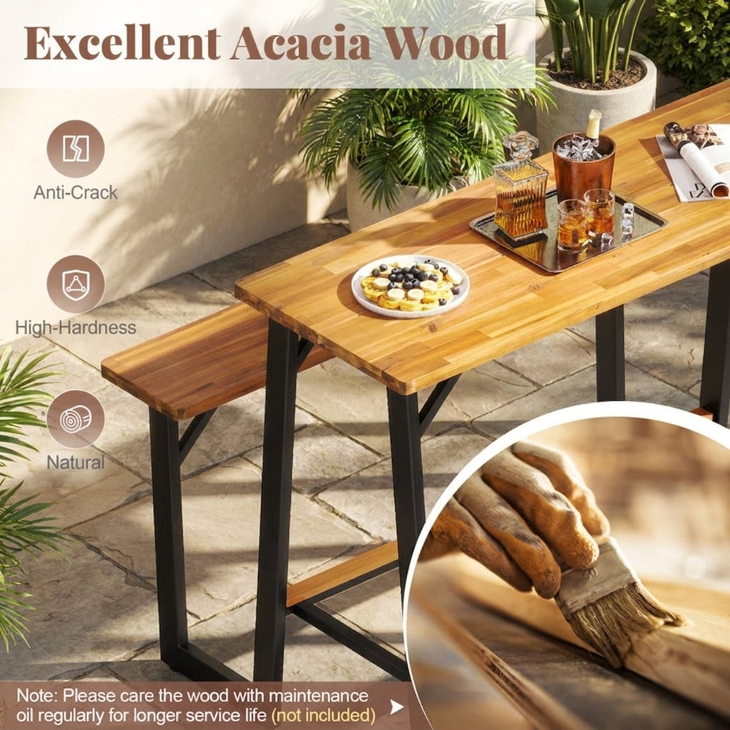 Biotree Patio Picnic Table Bench Set with Acacia Wood Tabletop and Benchtop, Black
