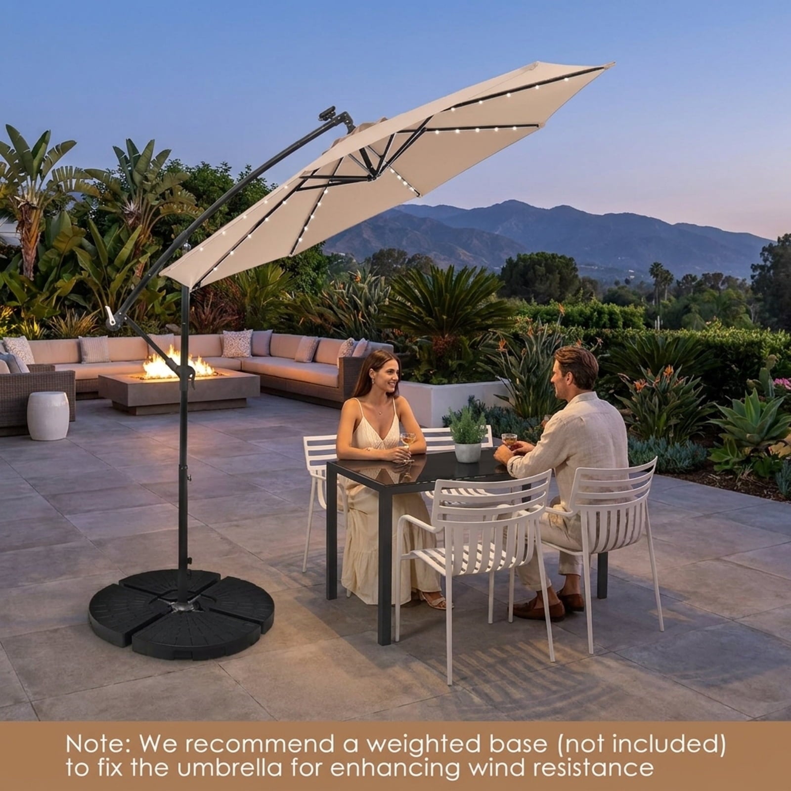 Biotree 10 ft Solar Offset Hanging Umbrella with 40 LED Lights and Cross Base 180G Polyester UV-Resistant Canopy for Outdoor - Wine Red