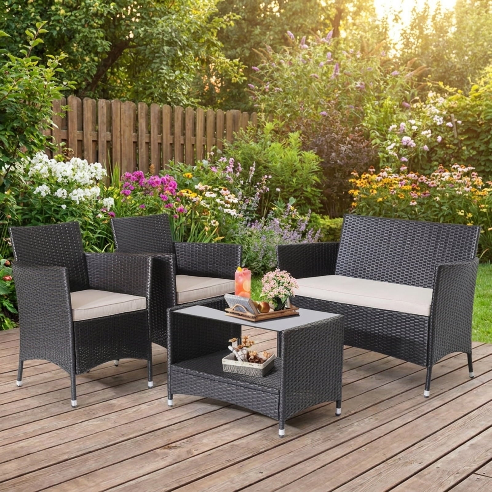 Biotree 4 Pieces Patio Conversation Set with Soft Cushions and Tempered Glass Tabletop Outdoor Conversation Set for Garden Backyard PorchMix Brown