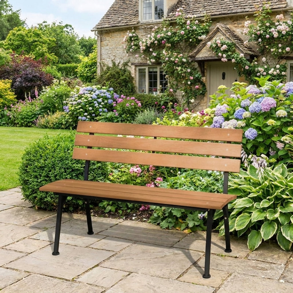 Biotree 47 Inch Outdoor Acacia Wood Bench with Metal Frame and Slatted Seat Stackable Patio Chair for Garden BackyardNatural + Black