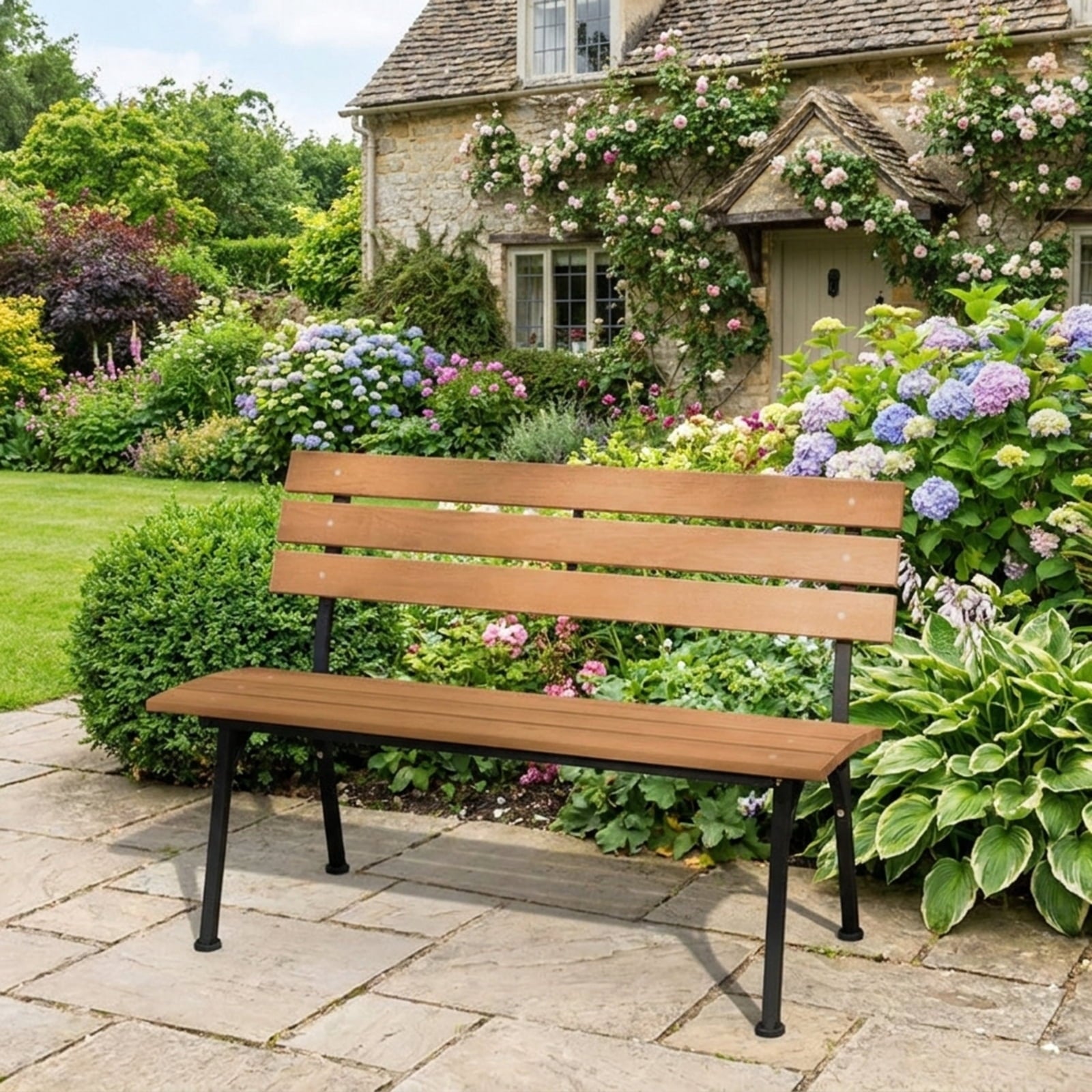 Biotree 47 Inch Outdoor Acacia Wood Bench with Metal Frame and Slatted Seat Stackable Patio Chair for Garden BackyardNatural + Black