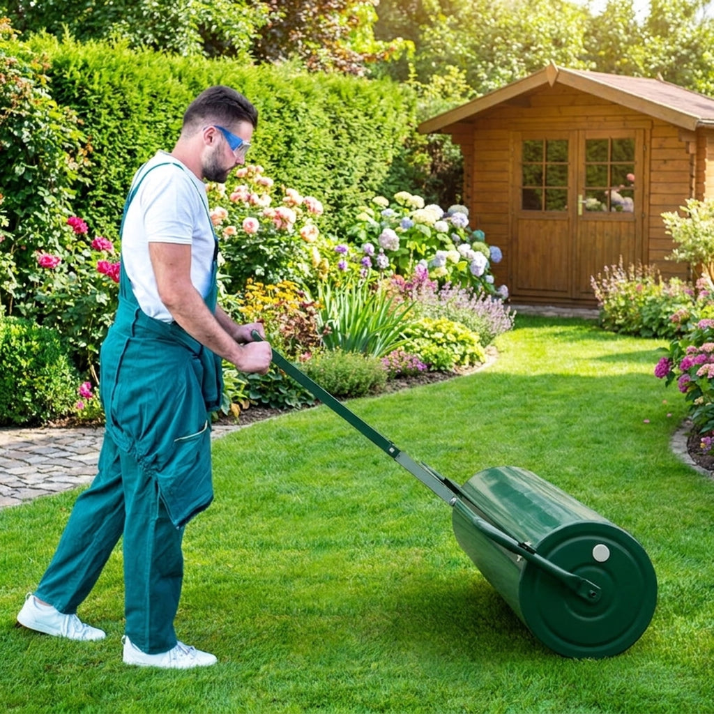 Biotree 39 Inch Wide Push/Tow Lawn Roller for Lawn Garden Yard Soil Care, Green