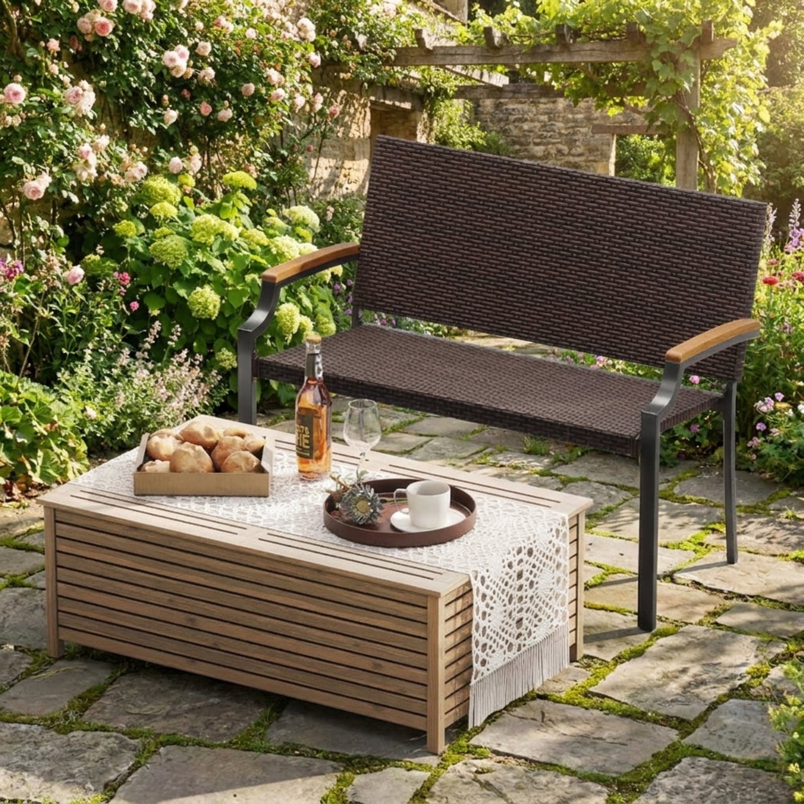 Biotree Patio Wicker Loveseat Chair with Acacia Wood Armrests and Metal Frame Stackable Patio Chair for Garden BackyardMix Brown