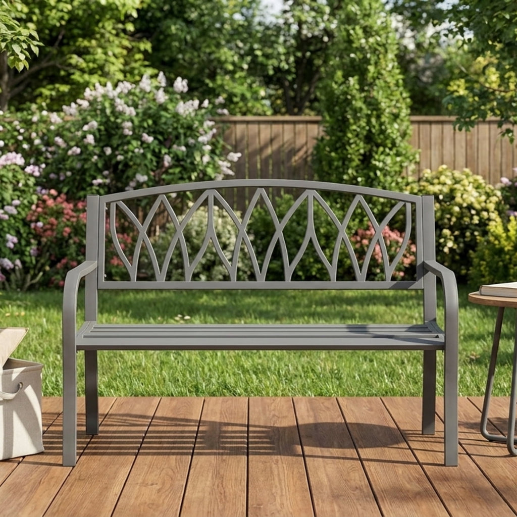 Biotree 50 Inches Outdoor Garden Bench with Geometric Lattice Backrest and Slatted Seat Stackable Patio Chair for Garden BackyardGray