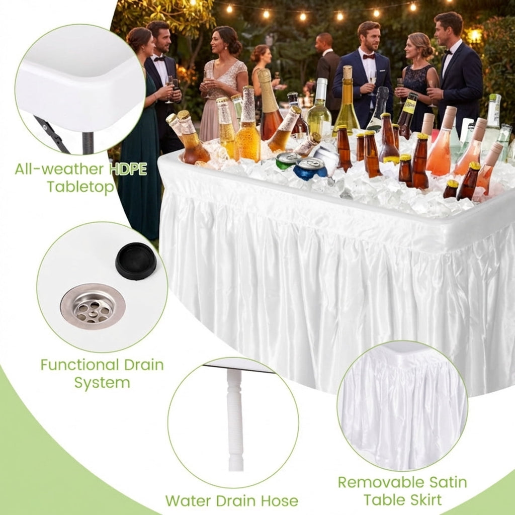 Biotree 4 Feet Folding Ice Cooler Table with Matching Skirt Portable Party Table with Built-In Ice Bin for Events, White