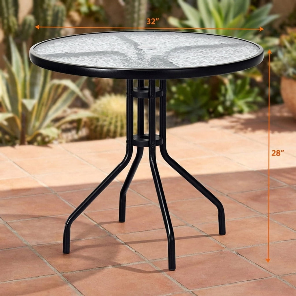 Biotree 32 Inch Outdoor Patio Round Tempered Glass Top Table with Umbrella Hole, Black