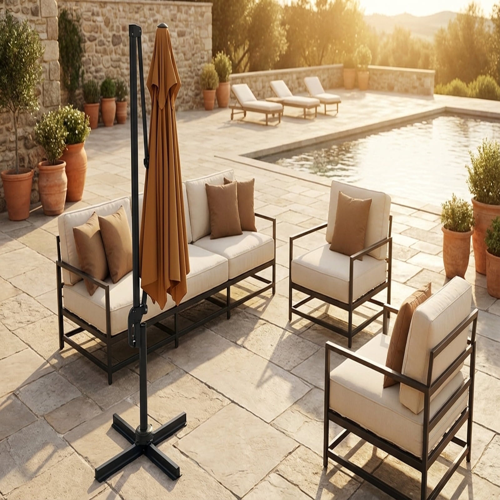 Biotree 10 ft 360¡ã Rotation Solar Powered LED Patio Offset Umbrella without Weight Base-Beige Outdoor