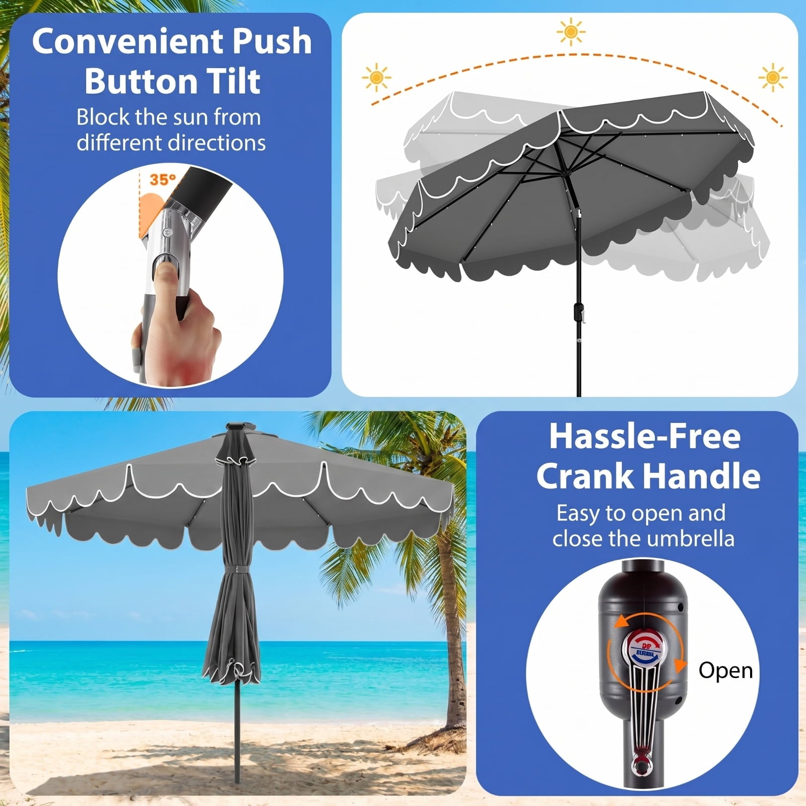 Biotree 10 ft Market Patio Umbrella with Crank and Tilt, 8 Sturdy Ribs, Vented Canopy - Gray for Backyard