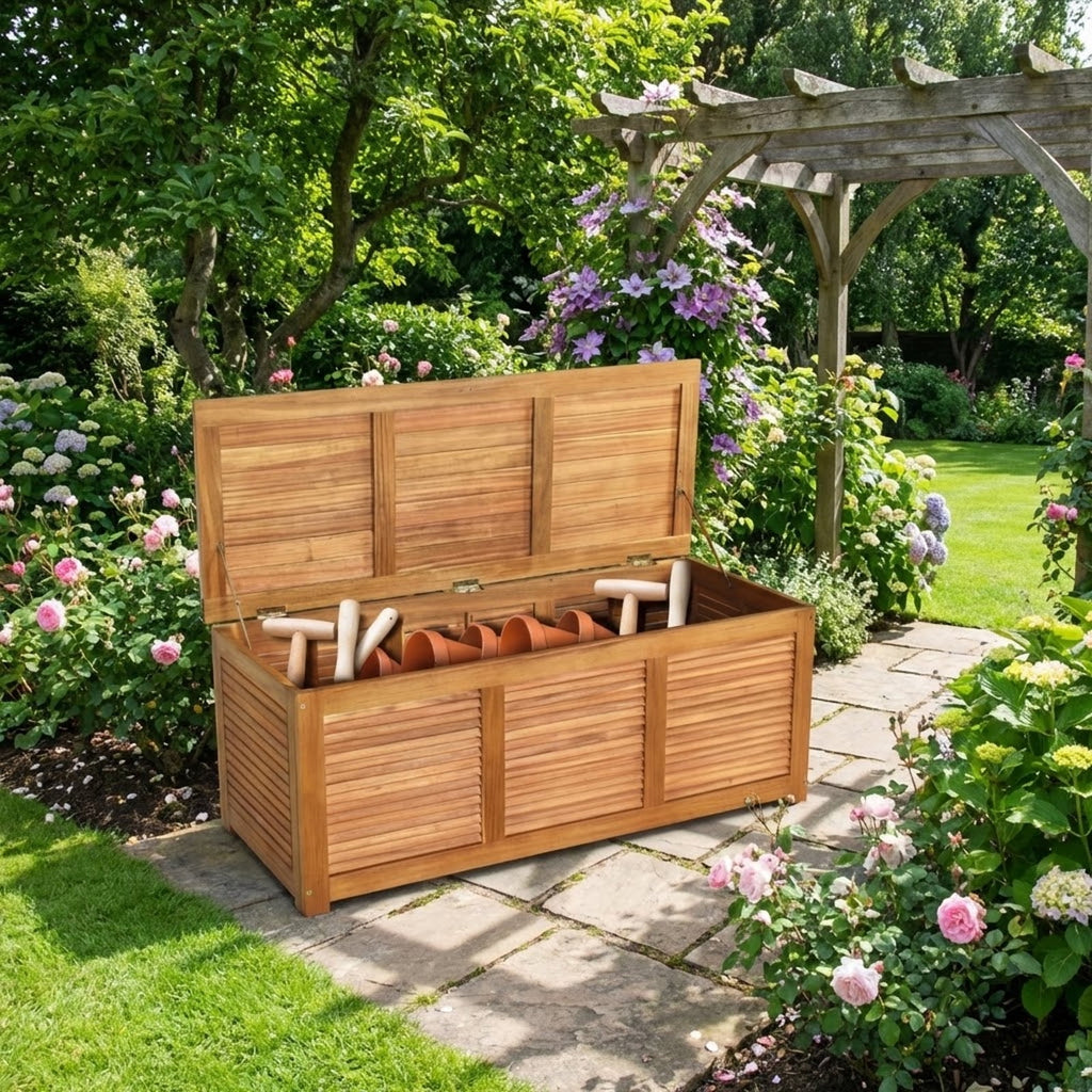 Biotree 46 Gallon Acacia Wood Storage Bench Box for Patio Garden Deck, Outdoor Wooden Storage Chest with Hinged Lid Indoor Entryway Bench, Natural
