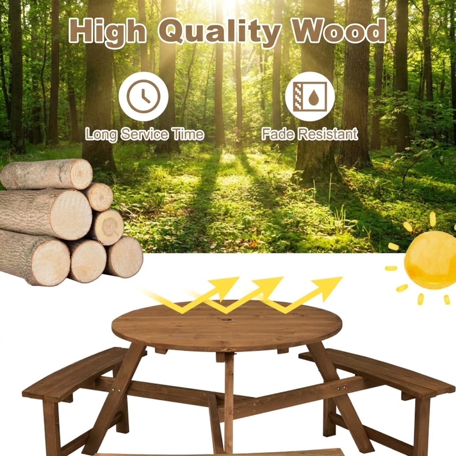 Biotree 65-Inch 6-person Round Wooden Picnic Table with Umbrella Hole and 3 Built-in Benches, Tan