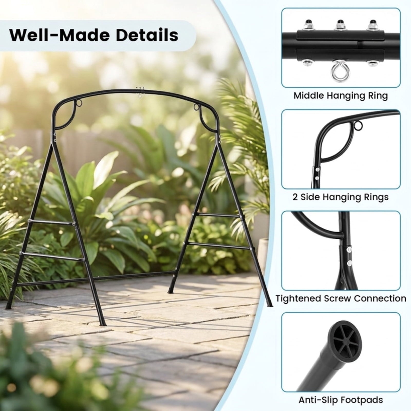 Biotree Outdoor Metal Swing Stand with 4 Support Bars and 2 Hanging Ways for Patio Porch Garden Backyard Outdoor, Black