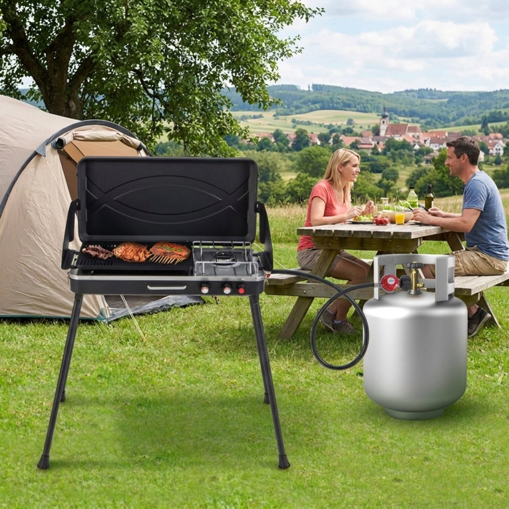 Biotree 2-in-1 Portable Gas Camping Grill and Stove, 20,000 BTU Propane Tabletop BBQ Grill, Foldable Camp Stove with Detachable Legs for Camping Picnic Backyard Black